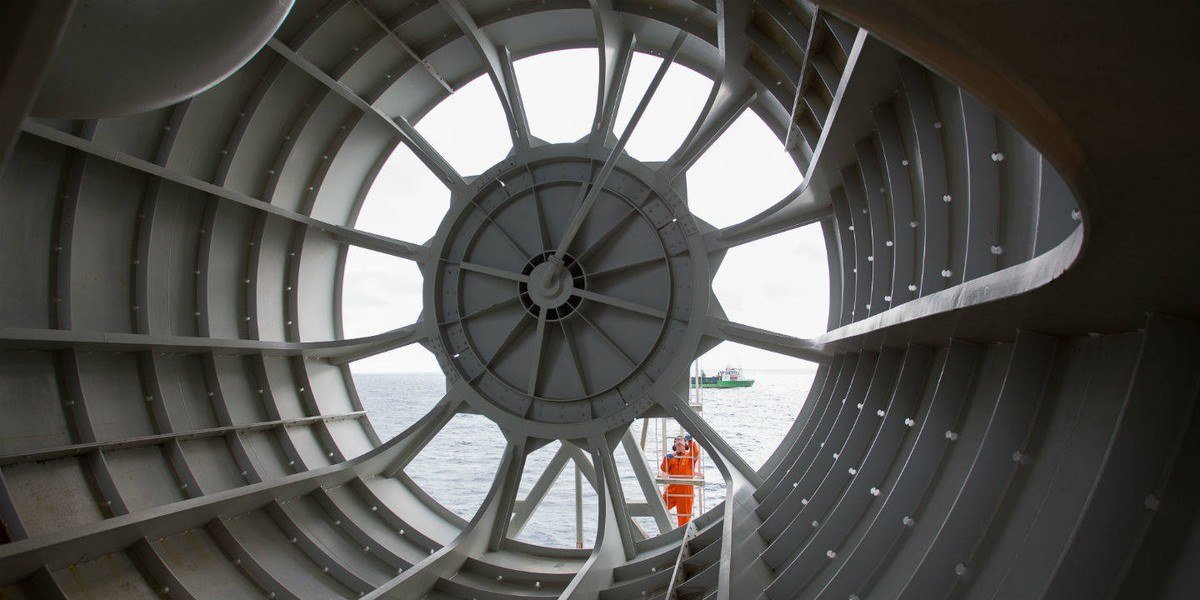 Steel frame of the Skarv offshore installation with the sea visible beyond