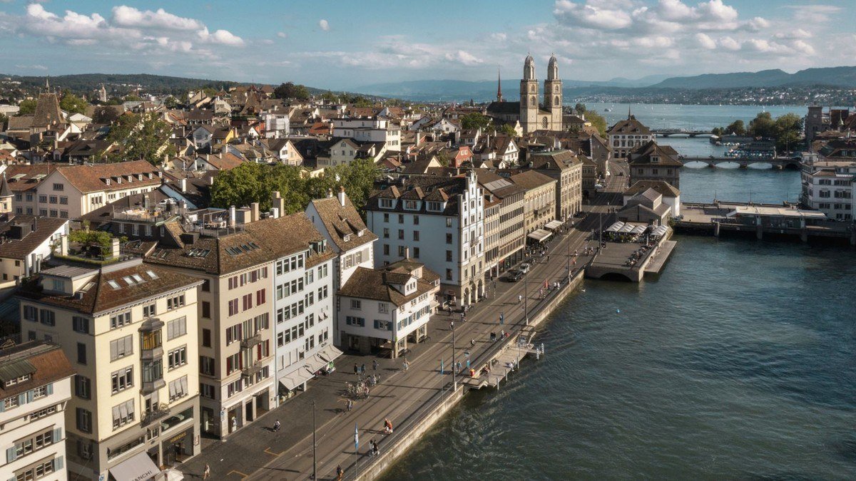 Aerial view of Zurich old town along the Limmat river