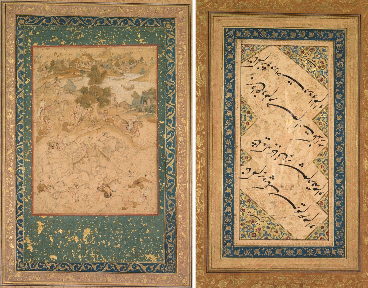 Illustrated folio from an Akbar-nama showing Akbar supervising the capture of wild elephants beside a calligraphy page