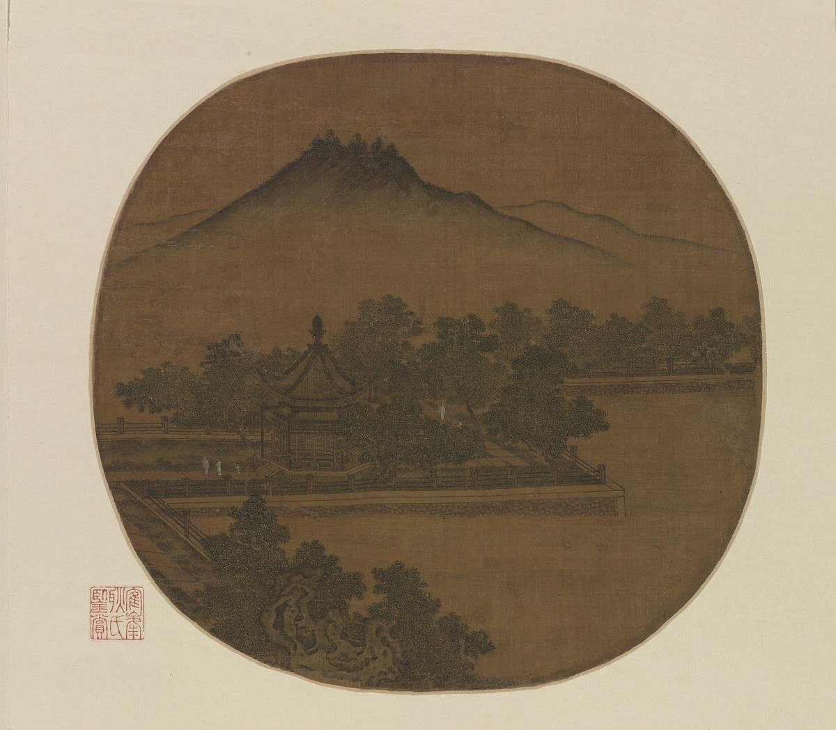 Song dynasty round fan painting of a lakeside gazebo among trees