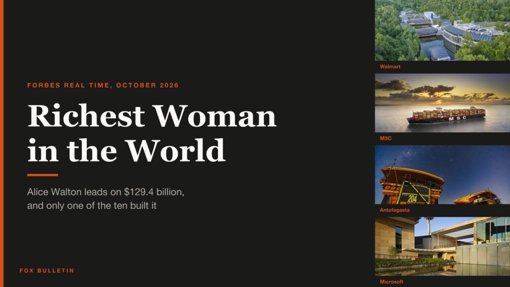 Collage of company photographs behind the ten richest women in the world
