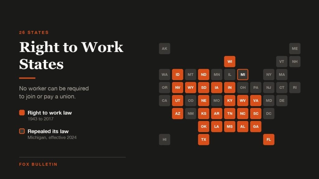 Map graphic titled Right to Work States showing the 26 states with right to work laws shaded and Michigan marked as having repealed its law in 2024