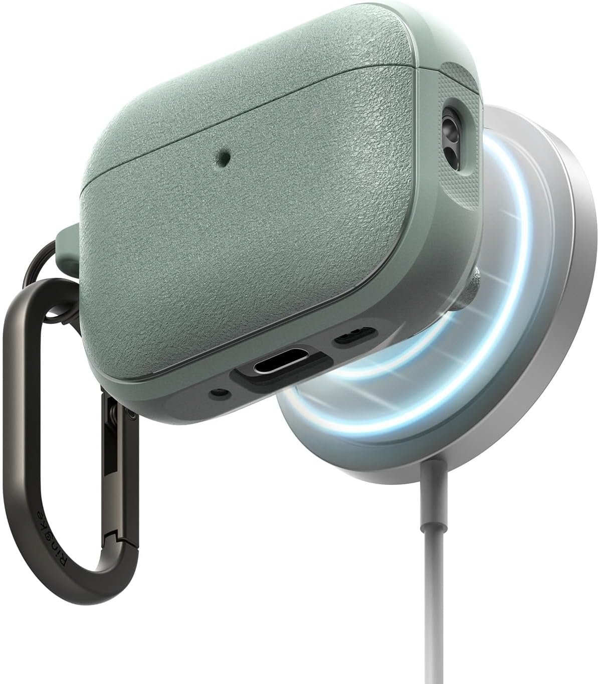 Ringke Onyx Magnetic case for AirPods Pro 3 in sage green with a non-slip pattern and carabiner