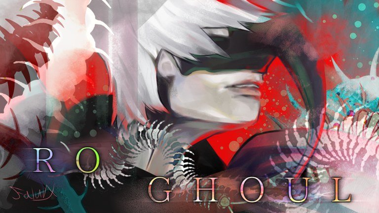 Ro-Ghoul painted artwork of a white-haired masked character in red and teal