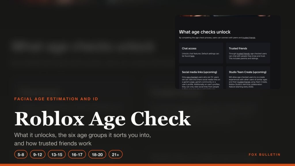 Roblox age check with the six age group bands from 5-8 to 21 plus