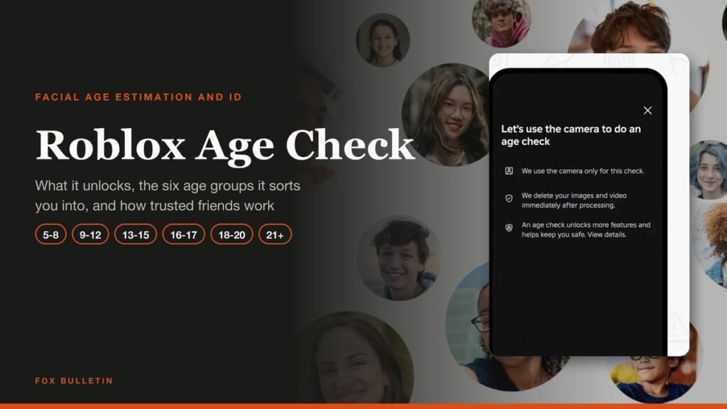 Roblox age check screen explaining camera use, with the age groups it sorts accounts into