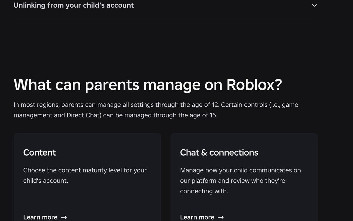 Roblox parental controls page showing what parents can manage for content and chat