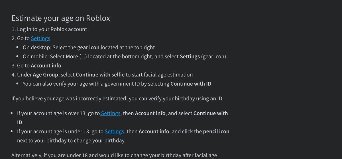 Roblox support steps for starting facial age estimation from Account info