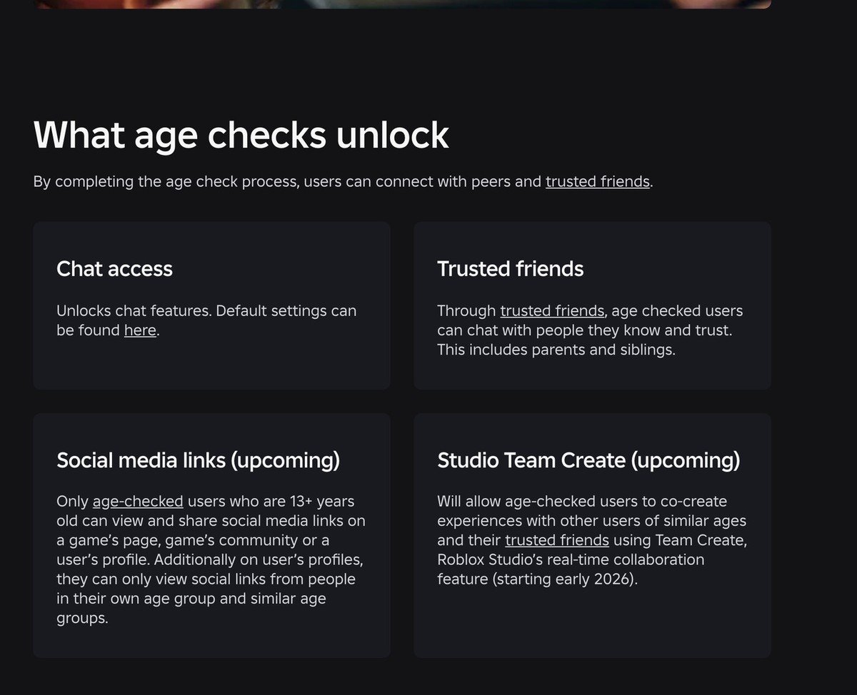 Roblox page listing what an age check unlocks, including chat access and trusted friends