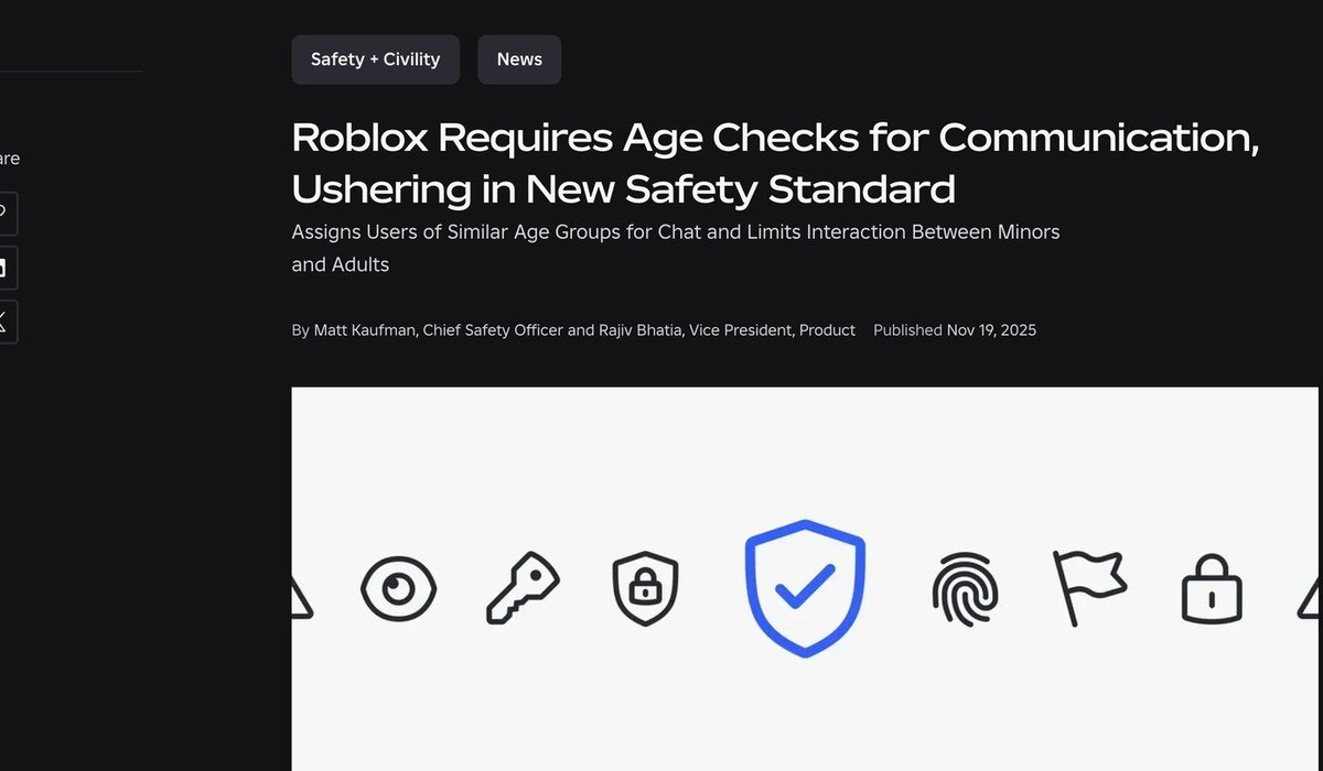 Roblox newsroom post announcing that age checks are required for communication