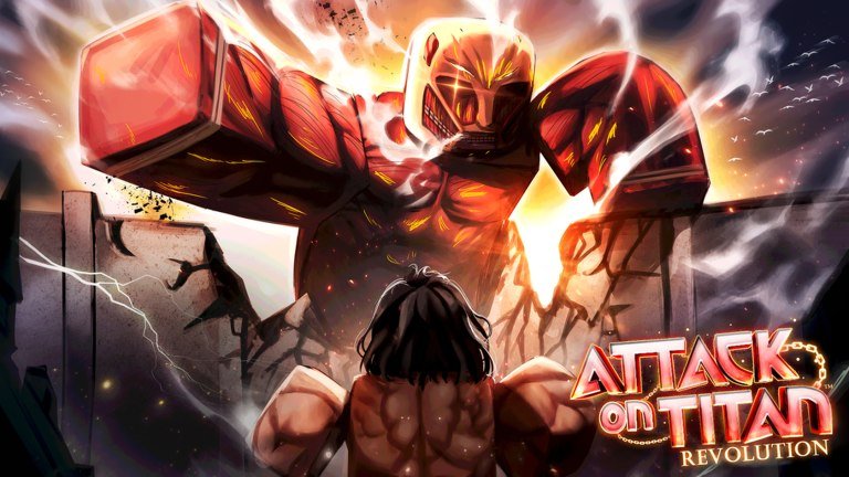 Attack on Titan Revolution thumbnail showing a soldier on ODM gear facing a titan