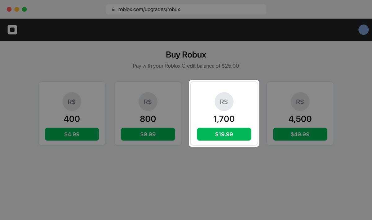 The Roblox Buy Robux page showing packages payable with a Roblox Credit balance