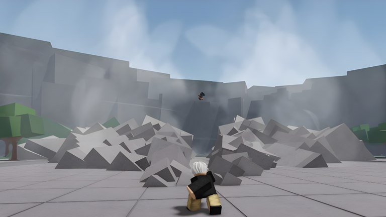 The Strongest Battlegrounds thumbnail showing a figure amid shattered grey rubble