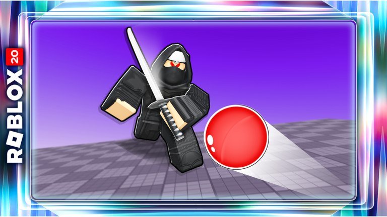 Blade Ball thumbnail showing a sword character deflecting a glowing red ball