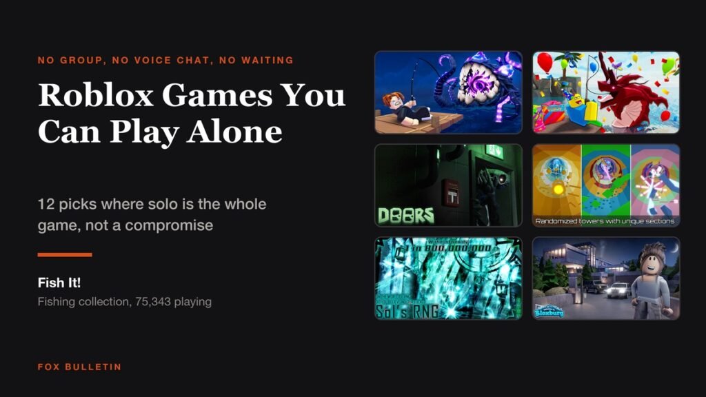 Graphic titled Roblox Games You Can Play Alone showing thumbnails for Fish It, Fisch, DOORS, Tower of Hell, Sol’s RNG and Welcome to Bloxburg
