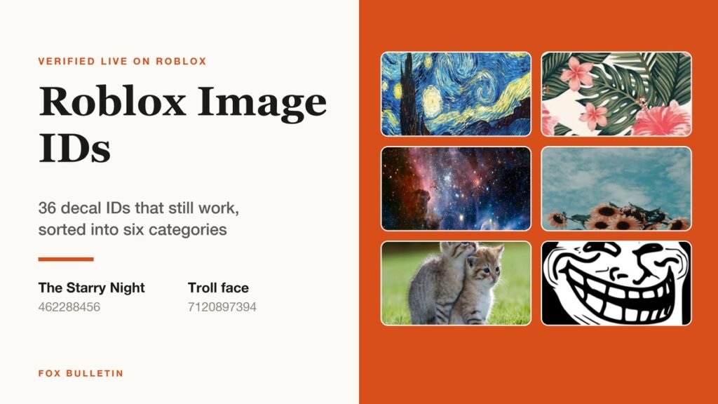 Graphic titled Roblox Image IDs showing six decal thumbnails including The Starry Night and a troll face with their asset IDs