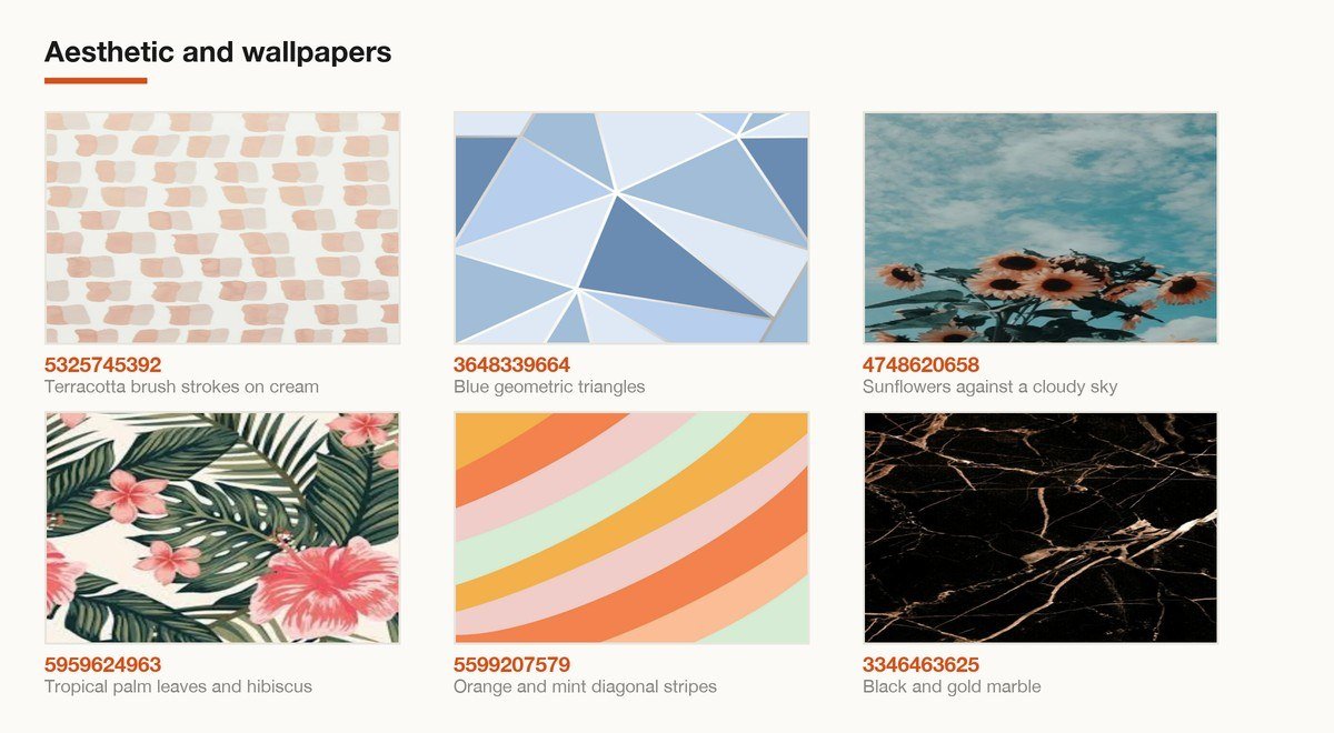Six Roblox decals in the aesthetic and wallpapers category shown with their image IDs
