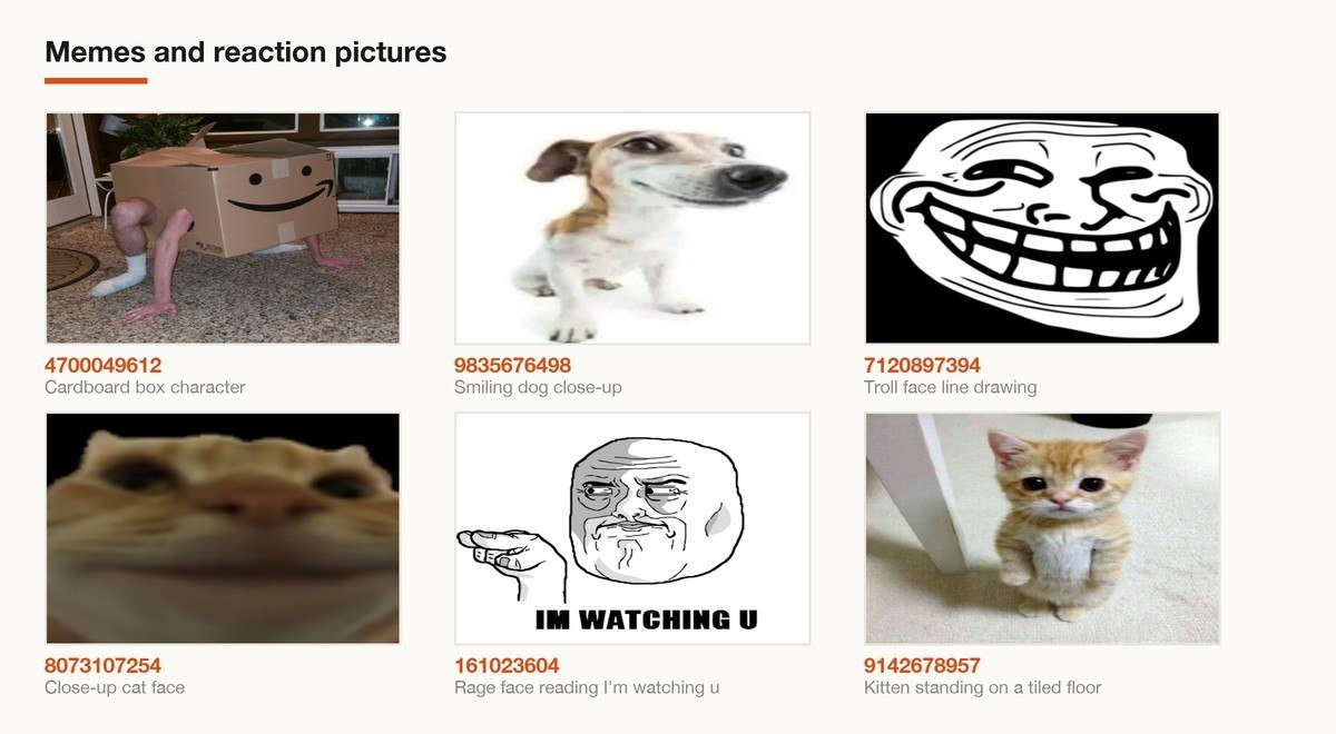 Six Roblox decals in the memes and reaction pictures category shown with their image IDs