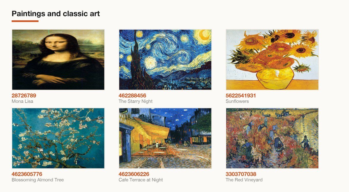 Six Roblox decals in the paintings and classic art category shown with their image IDs