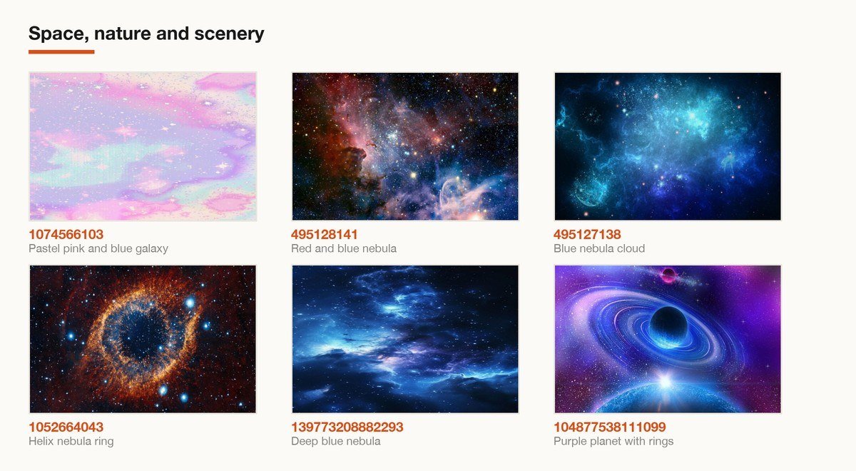 Six Roblox decals in the space, nature and scenery category shown with their image IDs