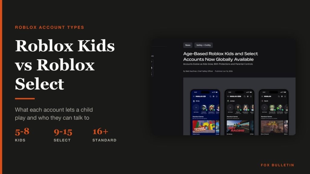Roblox Kids vs Roblox Select with the age bands 5 to 8, 9 to 15 and 16 plus