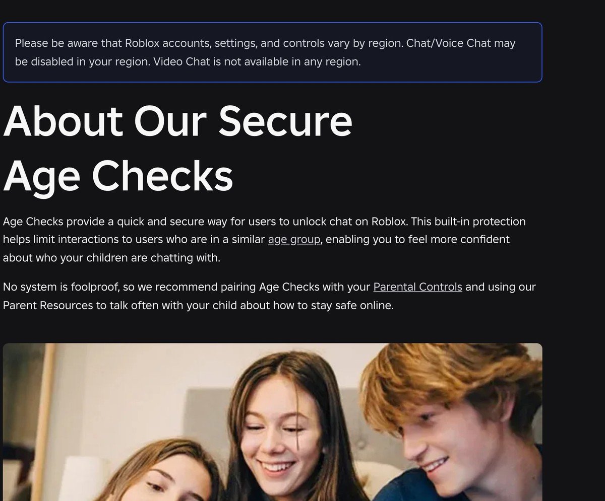 Roblox age checks page explaining how a player unlocks chat