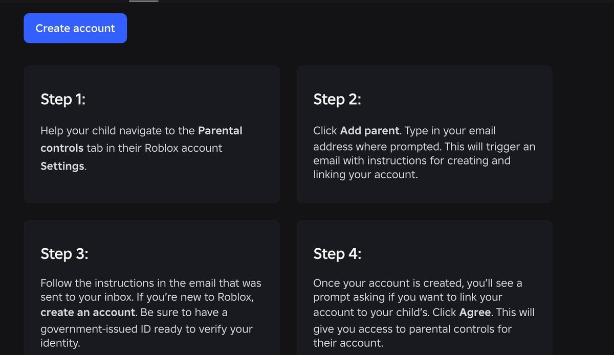 Roblox parental controls page showing the four steps to link a parent account
