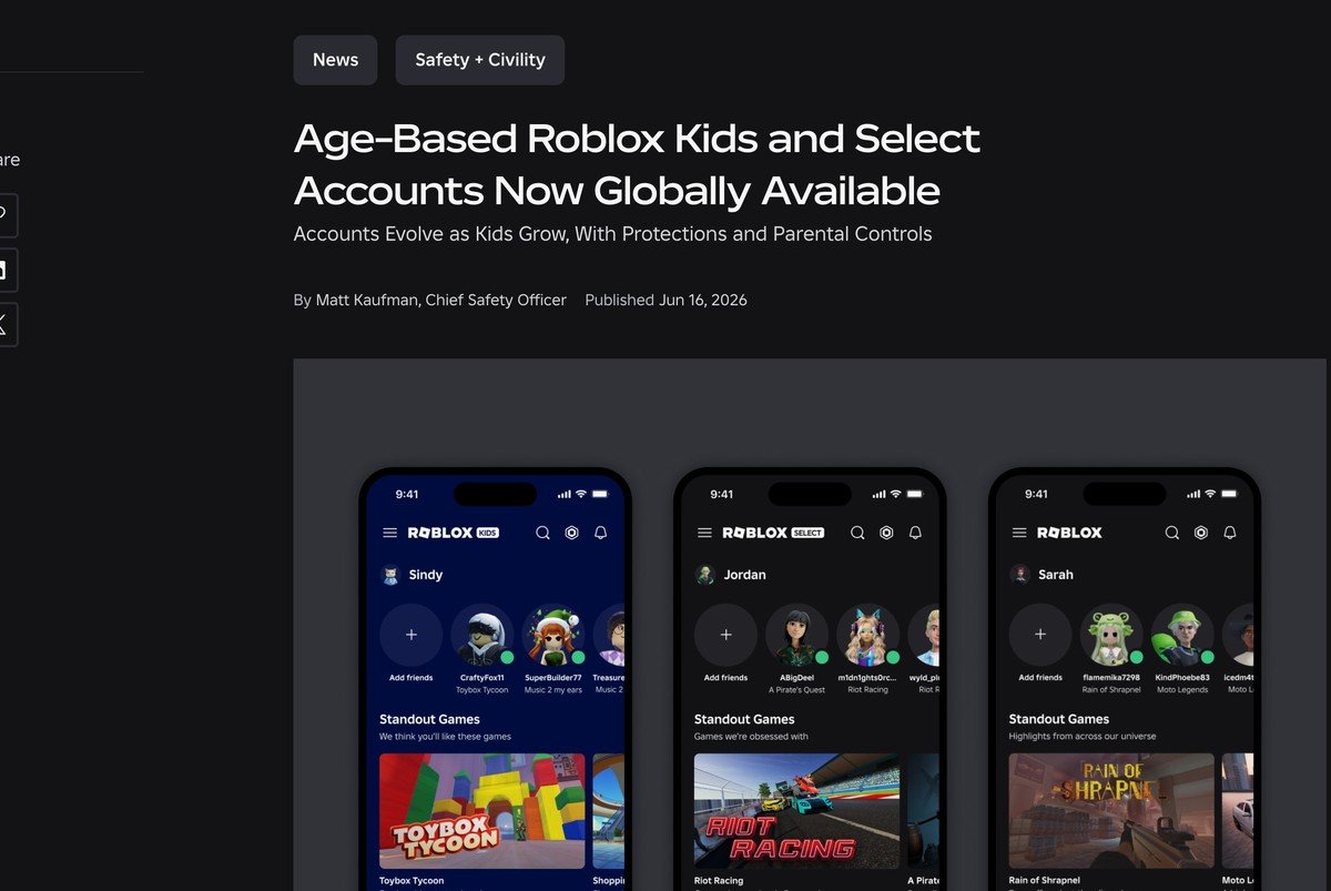 Roblox newsroom page showing the Kids, Select and standard account views side by side