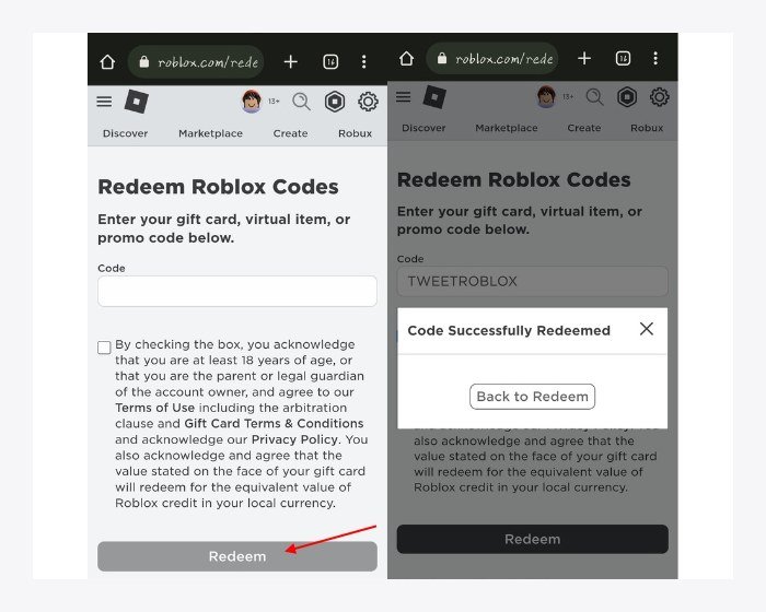 Roblox showing the Redeem button and the Code Successfully Redeemed confirmation