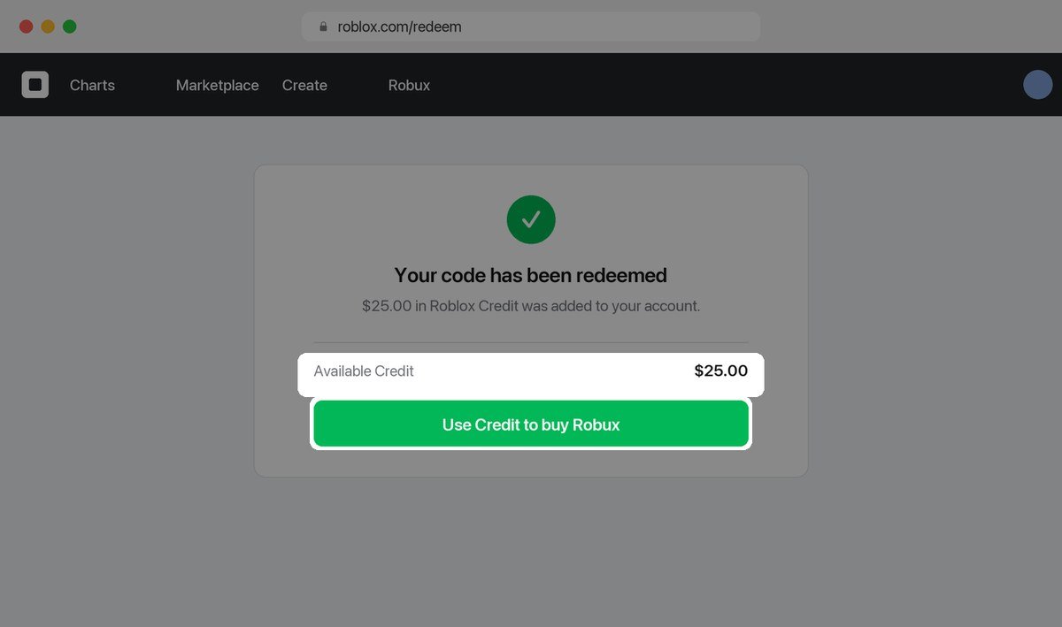 Roblox confirming a redeemed gift card and showing the available credit balance