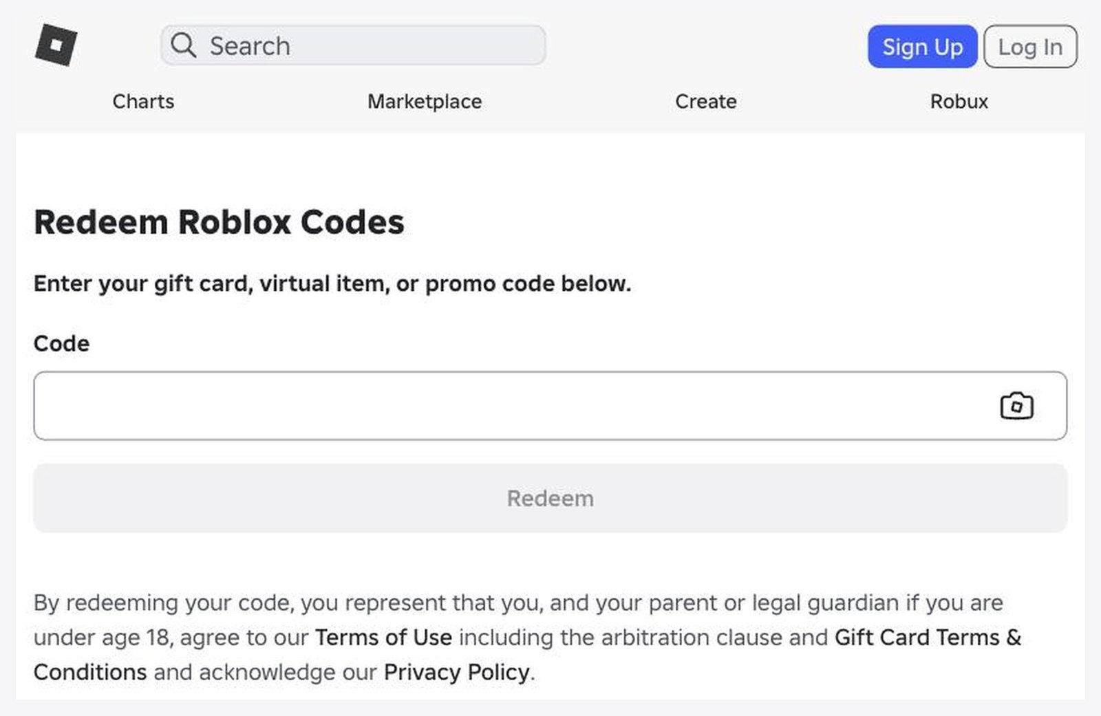 The Roblox redeem page in a browser with the code field and the Redeem button