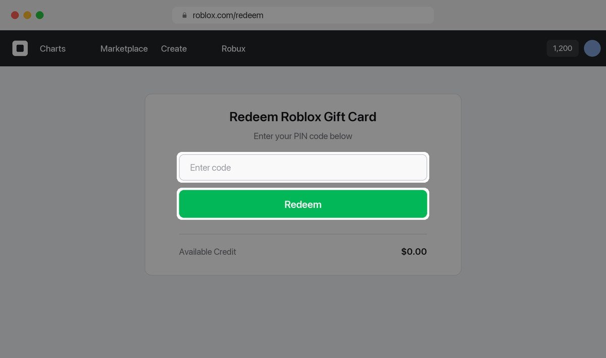 The Roblox redeem page in a browser with the code field and the Redeem button