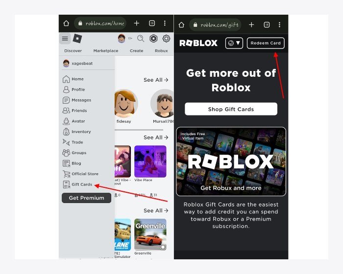 Redeeming in a phone browser: the Roblox site menu with Gift Cards, and the Redeem Card button