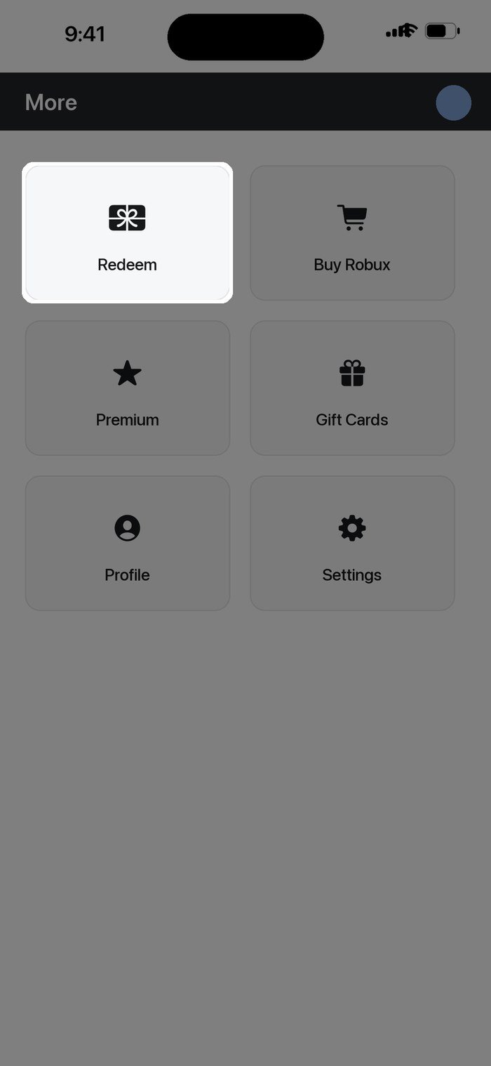 The More page in the Roblox app on a Samsung Galaxy device showing the Redeem tile