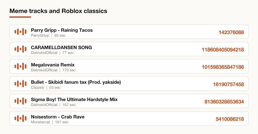 Card listing six Roblox song IDs in the meme tracks and roblox classics category with their asset IDs