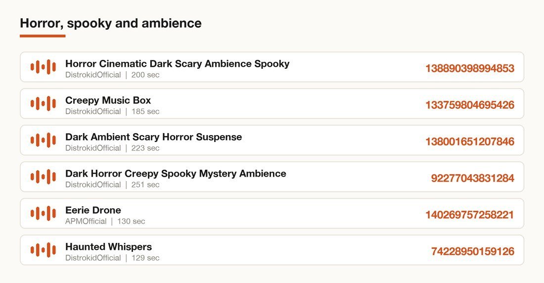 Card listing six Roblox song IDs in the horror, spooky and ambience category with their asset IDs