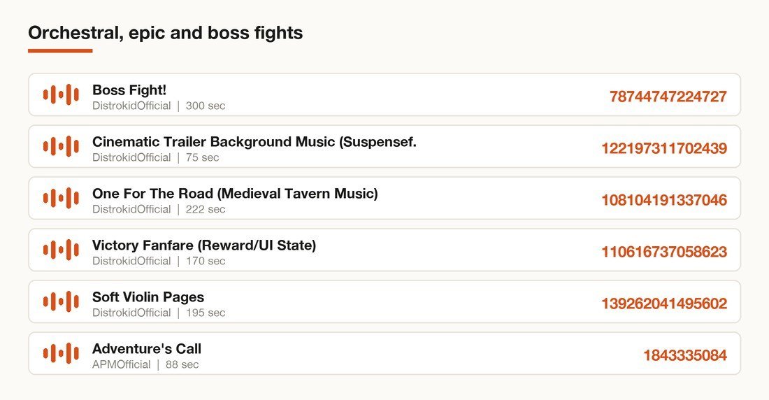 Card listing six Roblox song IDs in the orchestral, epic and boss fights category with their asset IDs