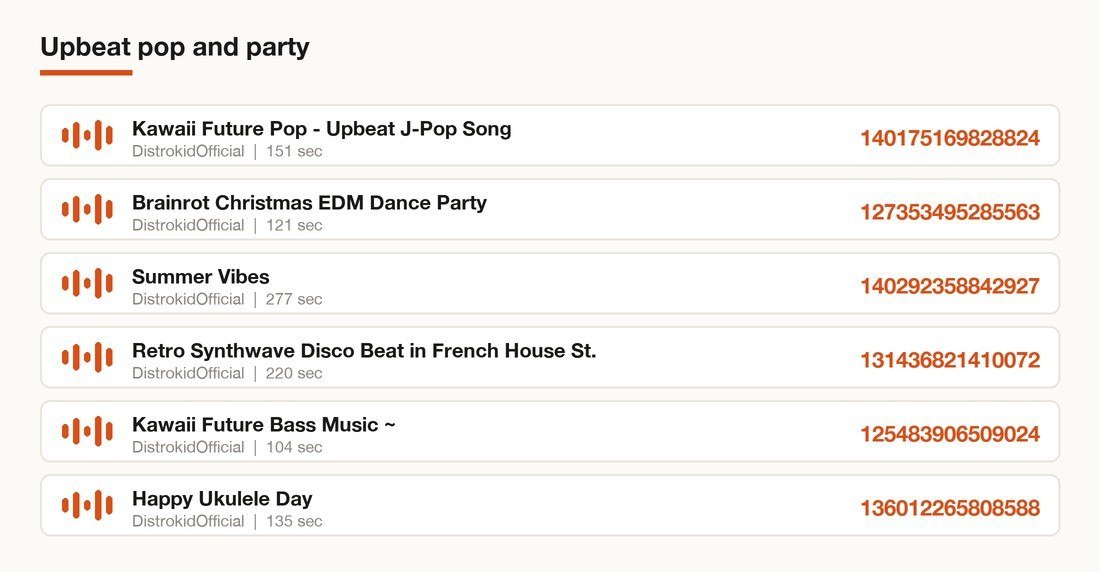 Card listing six Roblox song IDs in the upbeat pop and party category with their asset IDs