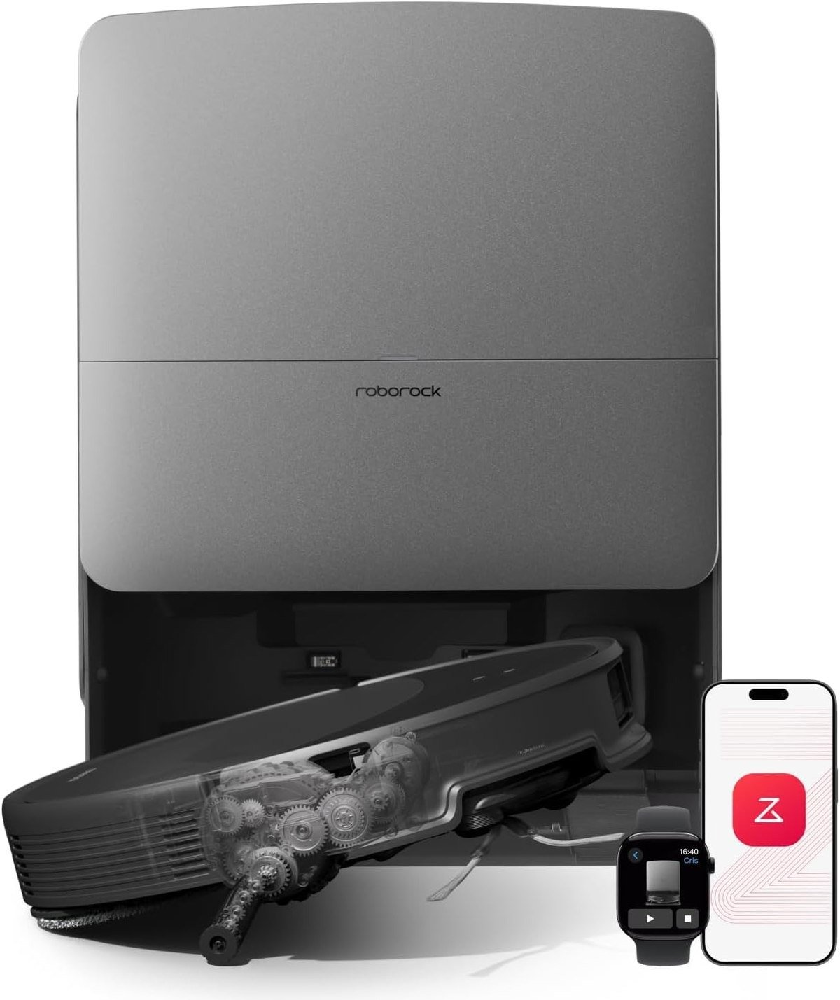 Roborock Saros 20 robot vacuum beside its RockDock base station