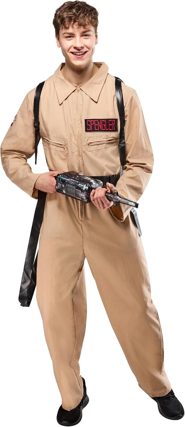 Rubie's Ghostbusters adult costume, a tan jumpsuit with name tag and proton pack