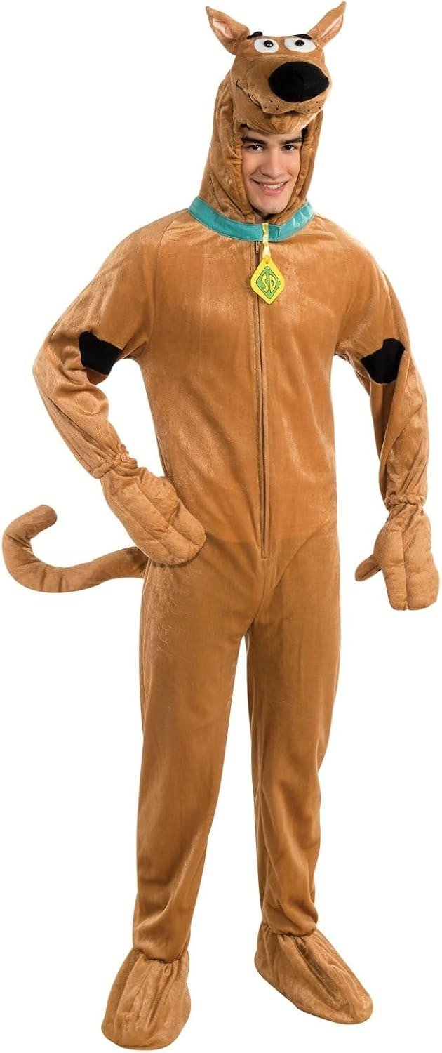 Rubie's Scooby-Doo adult costume, a brown plush jumpsuit with character hood, tail and paw covers