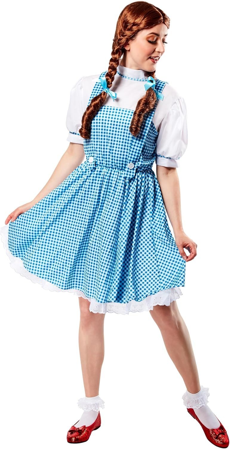Rubie's Wizard of Oz Dorothy adult costume, a blue gingham dress with white puff-sleeve blouse and hair bows