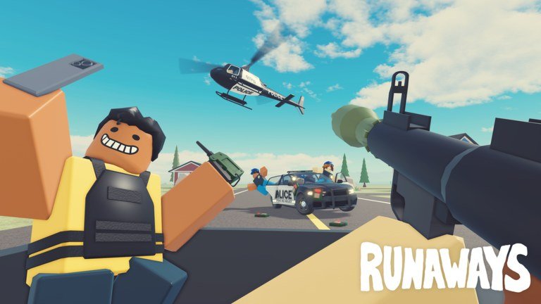 A player in a vest fleeing a police car and helicopter in RUNAWAYS