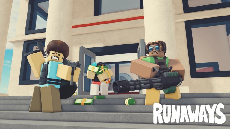 Three players carrying loot and weapons down the steps of a robbed building in RUNAWAYS