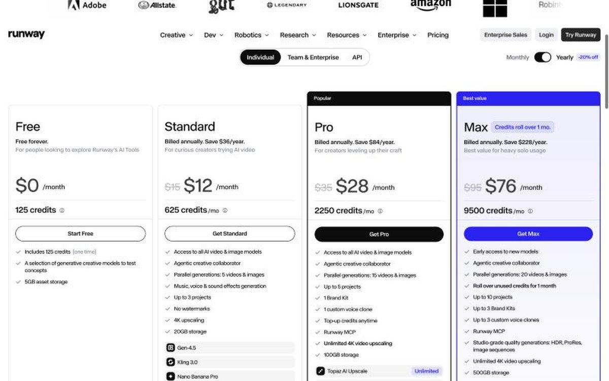 Runway pricing page showing the Free, Standard, Pro and Max plan tiers side by side