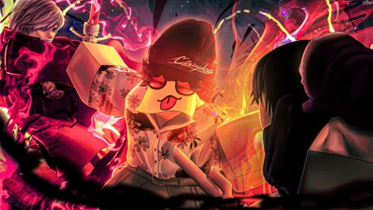 Sailor Piece artwork of three characters facing off in red and orange flame effects