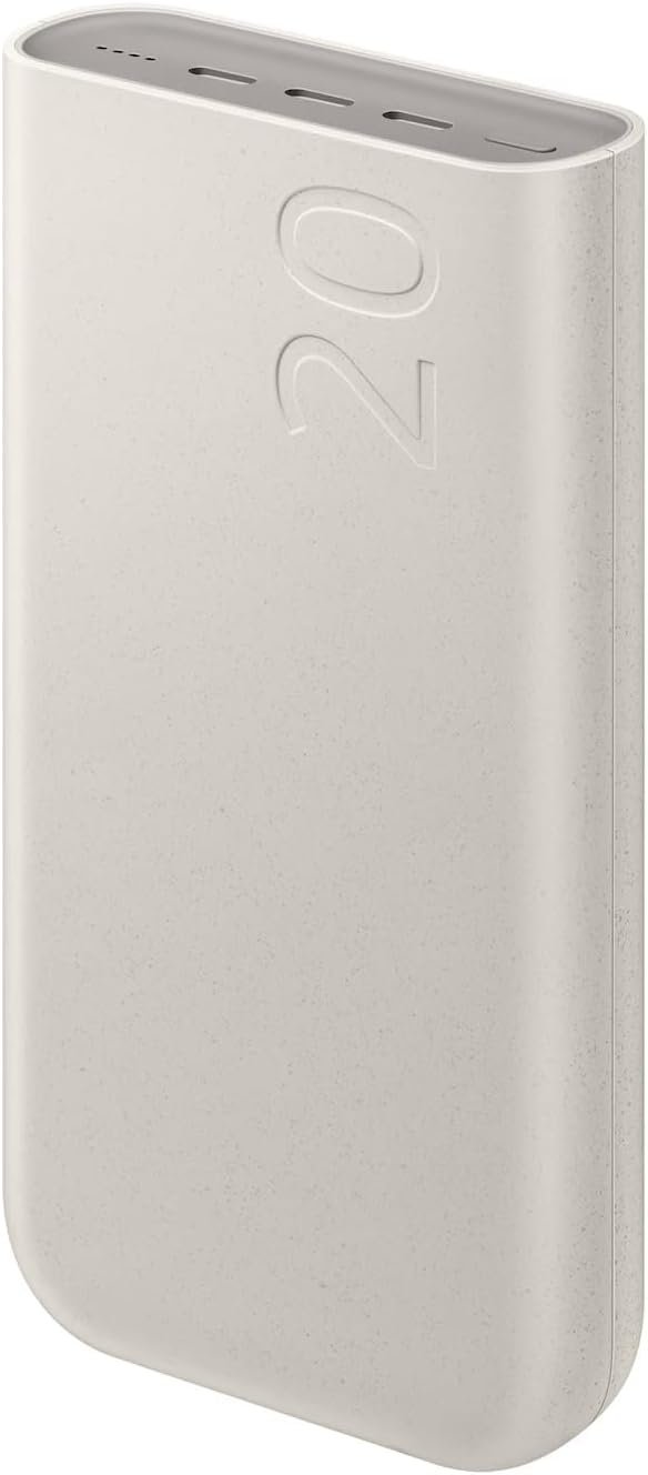 Samsung 45W 20,000mAh Battery Pack in beige with three charging ports