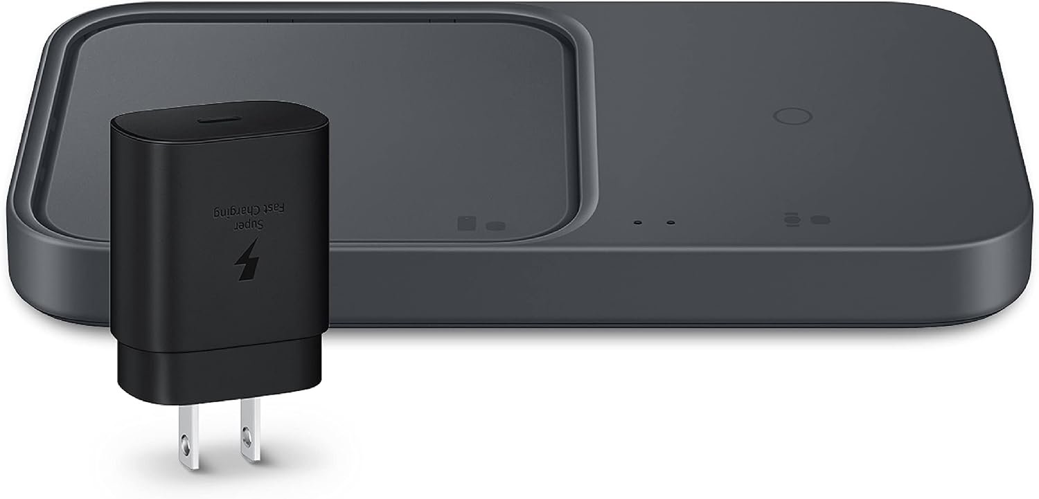 Samsung 15W wireless charger duo pad with USB-C cable in black