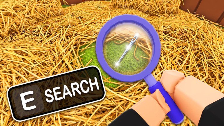 A cartoon hand holding a magnifying glass over a straw haystack beside a Search prompt in Search For The Needle
