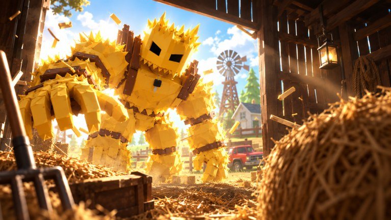 A giant creature made of straw rising inside a barn beside stacked hay bales in Search For The Needle